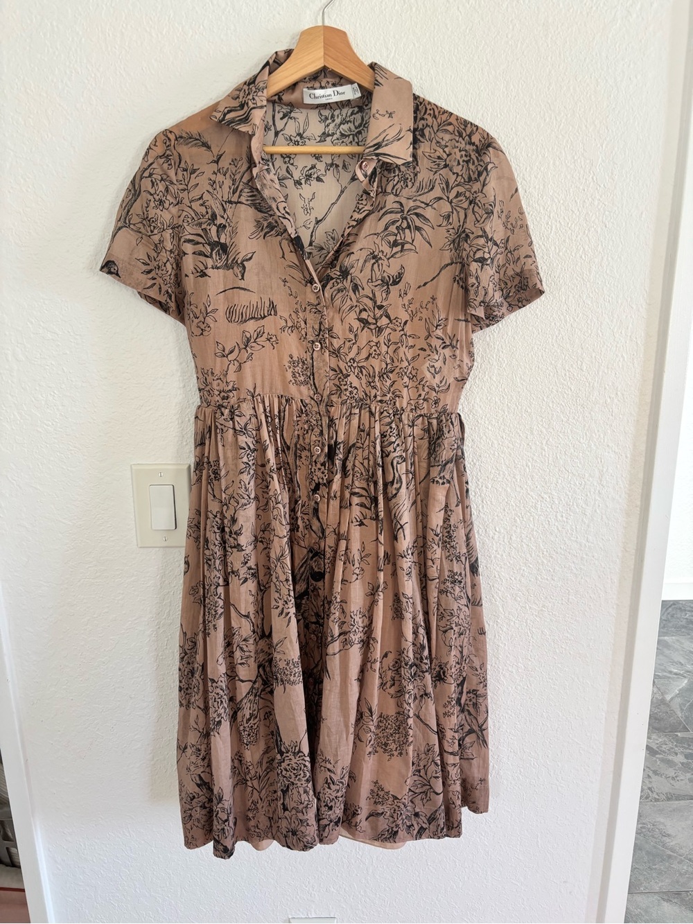 Christian Dior Pink Toile de Jouy Print Cotton Midi Shirt Dress, size S